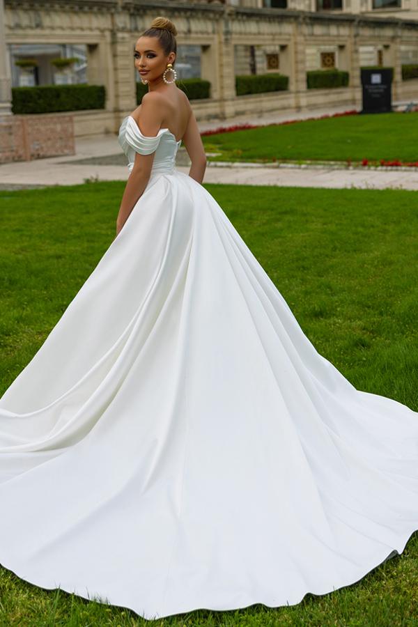 Bmbride Fabulous One Shoulder Chapel Train Satin Wedding Dress with Ruffles