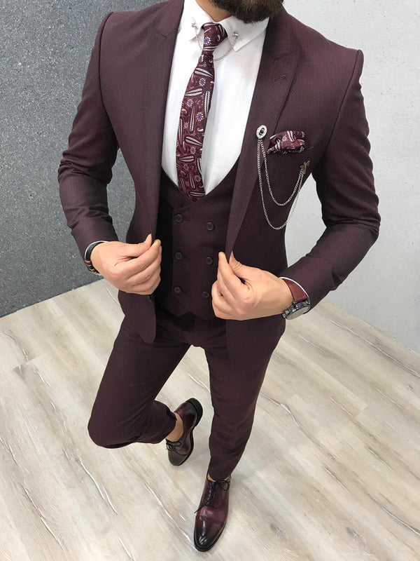 Koscy Handsome Burgundy Reception Suit with Peaked Lapel and Three Pieces