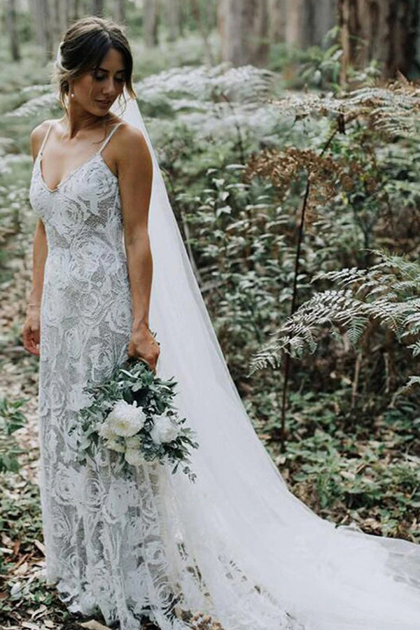 Bmbride Charming Spaghetti Straps Lace Backless A-line Wedding Dress
