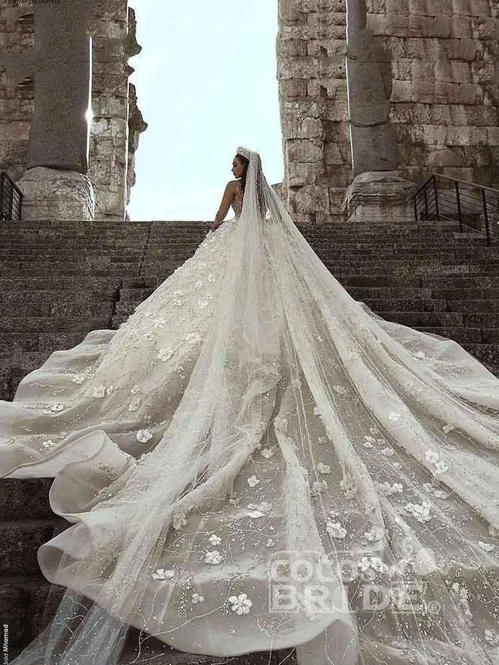 Bmbride Elegant Long-Sleeve V-Neck Royal Ball Gown Wedding Dresses