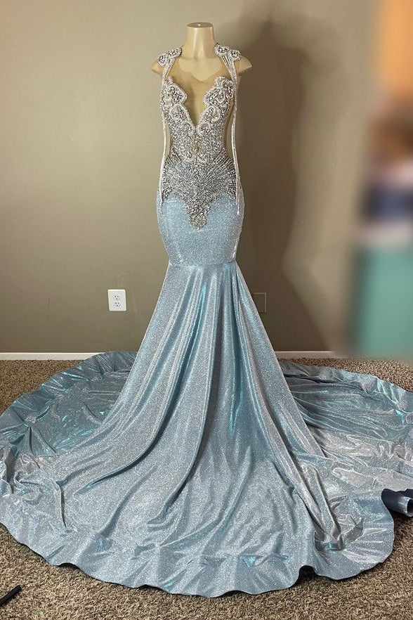 Robe de bal sirène à paillettes et perles argentées, dos ouvert, longueur au sol
