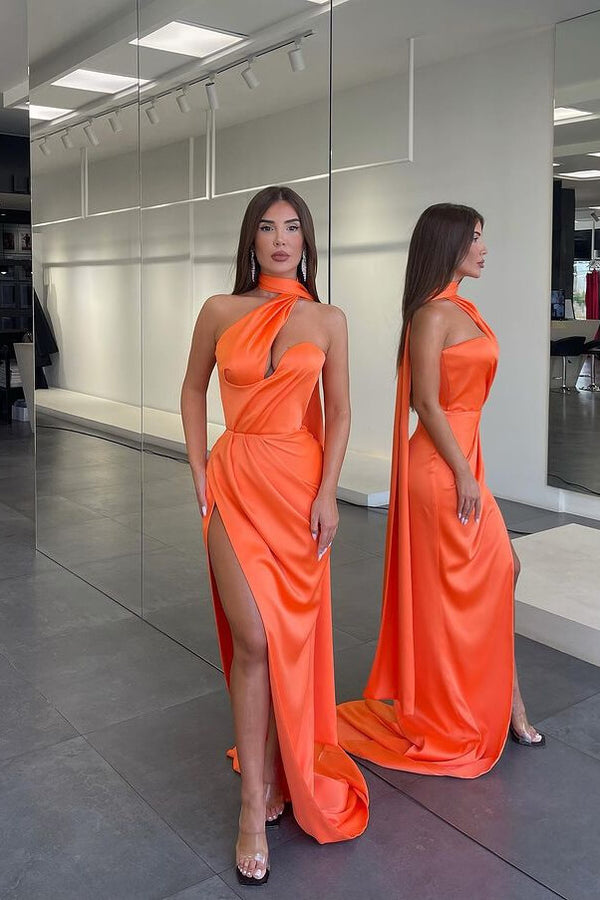 Vintage Orange Halter Satin Mermaid Long Prom Dress With Split