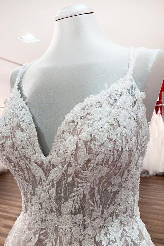 Bmbride Long Princess V-neck Tulle Wedding Dress with Lace and Spaghetti Straps