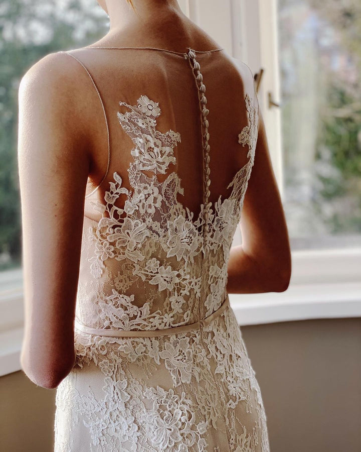 Bmbride Bateau Appliques Lace Floor-length Mermaid Wedding Dress With Pearl Sash