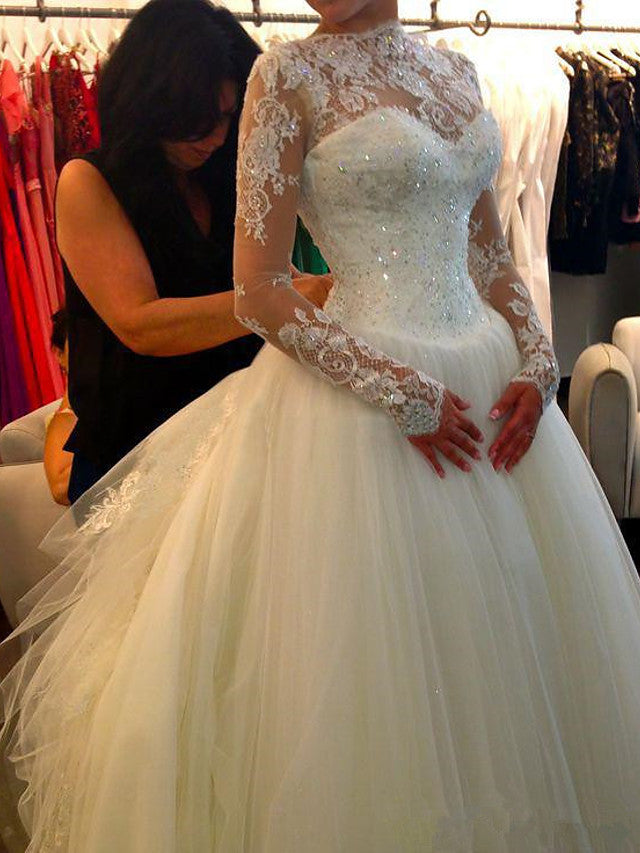 Bmbride Jewel Neck Court Train Lace Tulle Long Sleeve A-Line Wedding Dresses
