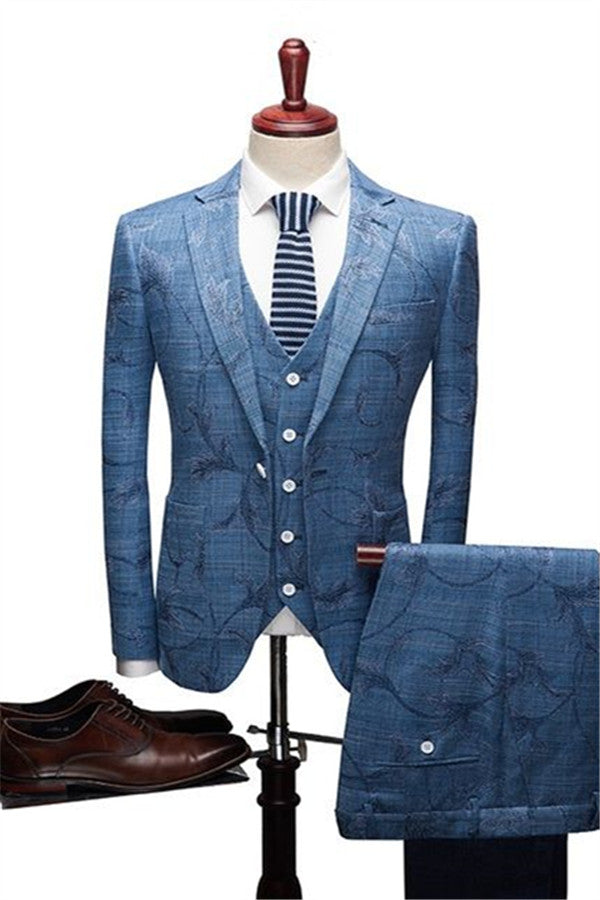 Koscy Ocean Blue Print Designer Wedding Suit - Notched Lapel for Men