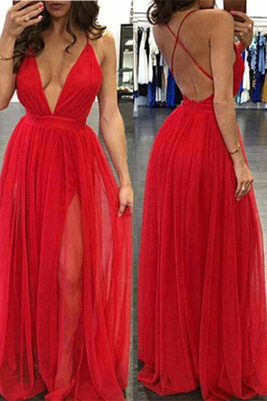 Deep V-Neck Long Prom Dress in Red with Slit