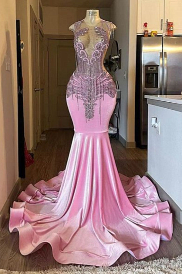 Robe de bal sirène rose longue au sol avec perles