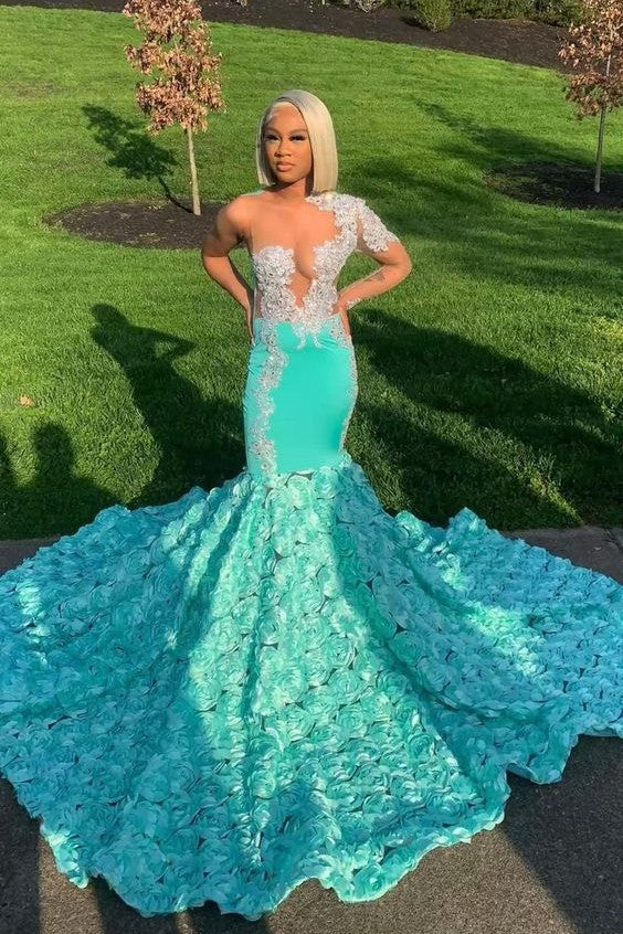 Long Mint Green Prom Dress Gown with Tulle Flower Appliques