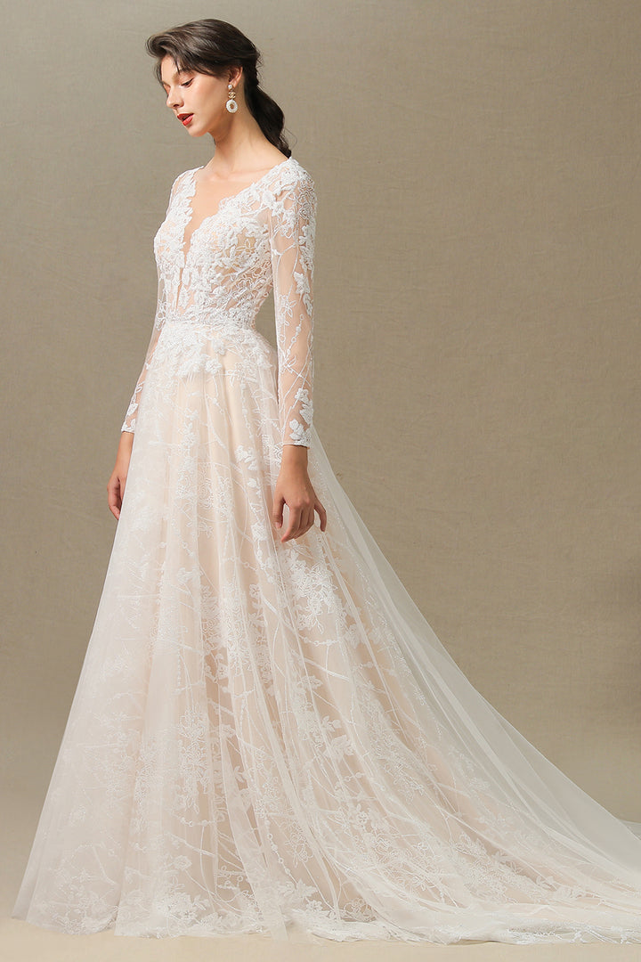 Bmbride Sheer Tulle Long Sleeve A-line Illusion Lace Wedding Dress - CPH230