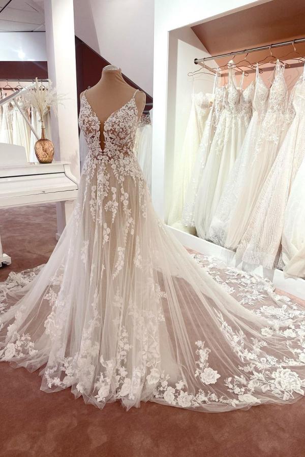 Bmbride Boho Wedding Dresses - Long A-line V-neck Sleeveless Floral Lace Tulle