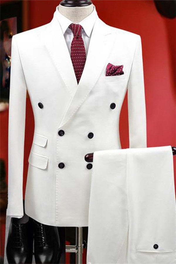 Koscy Handsome White Double-Breasted Two-Piece Wedding Suit for Men’s Parties