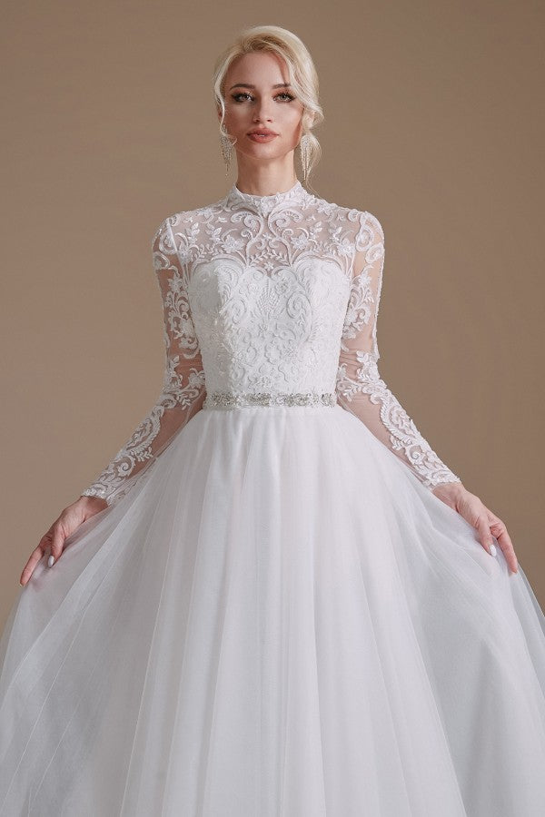 Bmbride A-line High Neck Long Sleeves Tulle Lace Wedding Dress