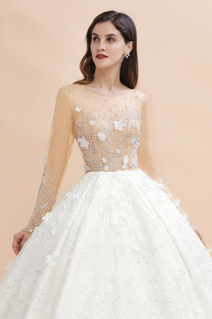 Bmbride Floral Jewel Beads Long Sleeve Ball Gown Wedding Dresses