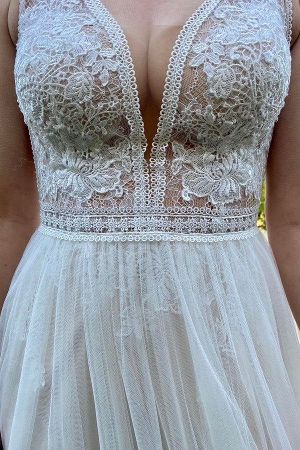 Bmbride Long A-line V-neck Tulle Lace Backless Wedding Dresses