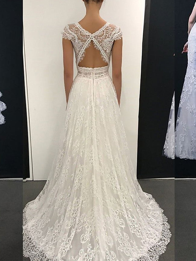 Bmbride Romantic Wedding Dresses: A-Line V Neck Court Train with Lace Cap Sleeve