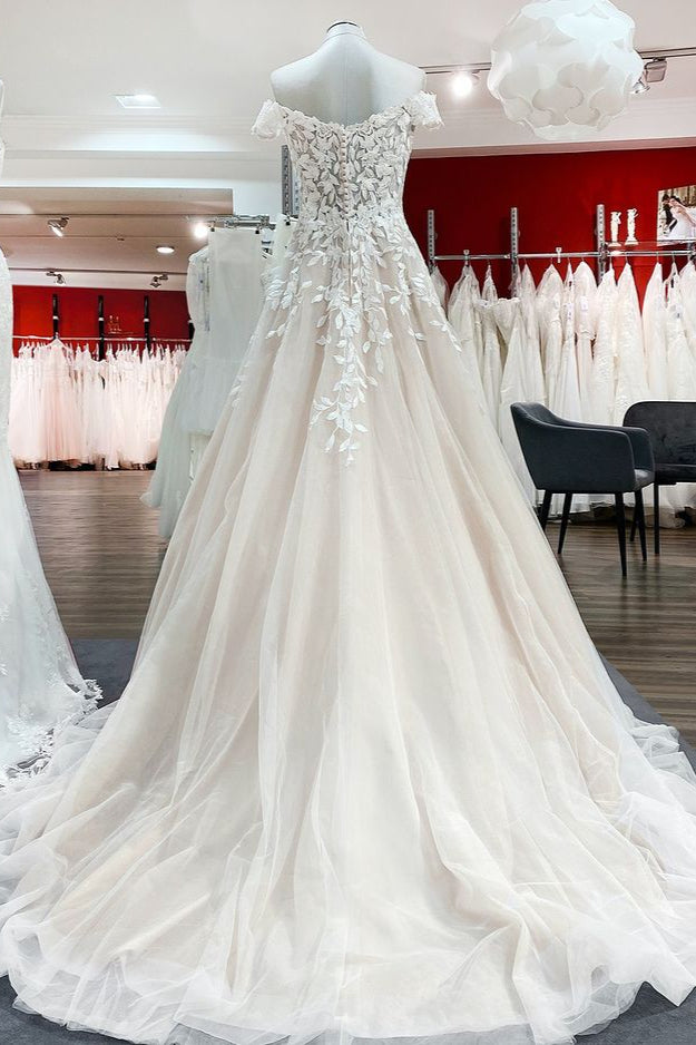 Bmbride Long A-line Off-the-Shoulder Tulle Lace Ruffles Wedding Dress