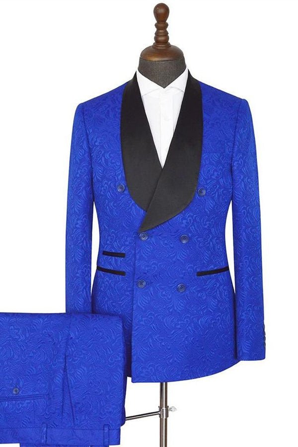 Koscy Royal Blue Easy Fit Double-Breasted Jacquard Wedding Suit with Shawl Lapel