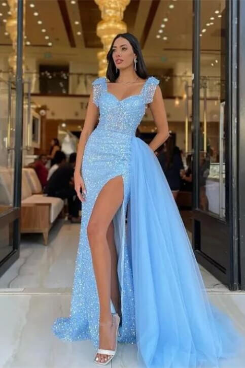 Sky Blue Sequins Mermaid Evening Dress with Sweetheart Straps and Detachable Ruffles
