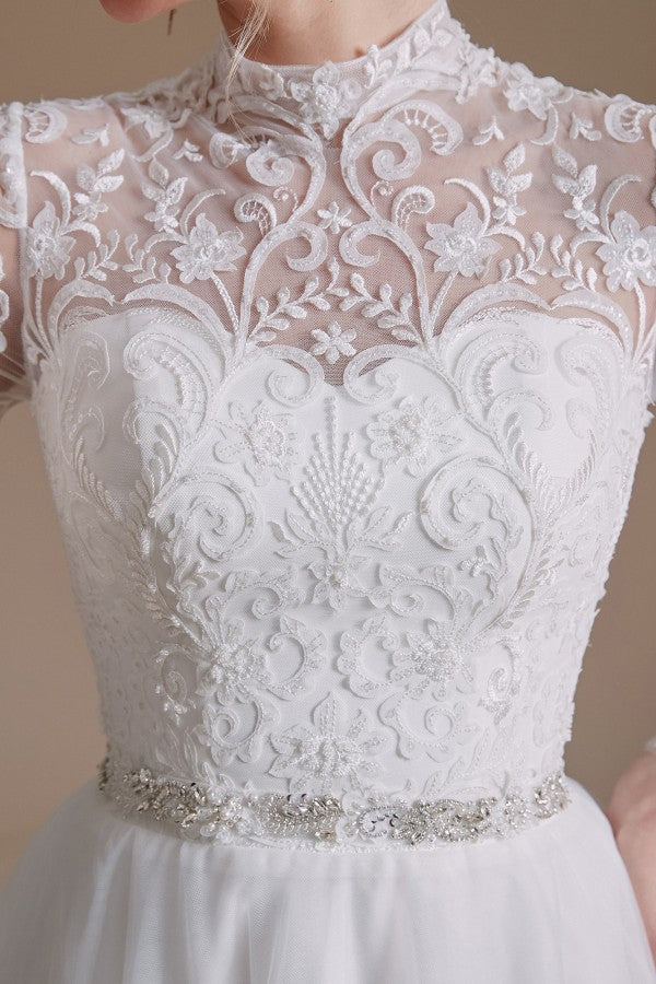 Bmbride A-line High Neck Long Sleeves Tulle Lace Wedding Dress