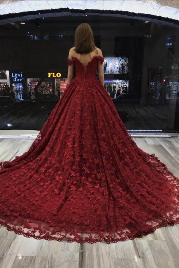 Bmbride Formal Prom Dress Burgundy Long A-line Off the Shoulder Lace
