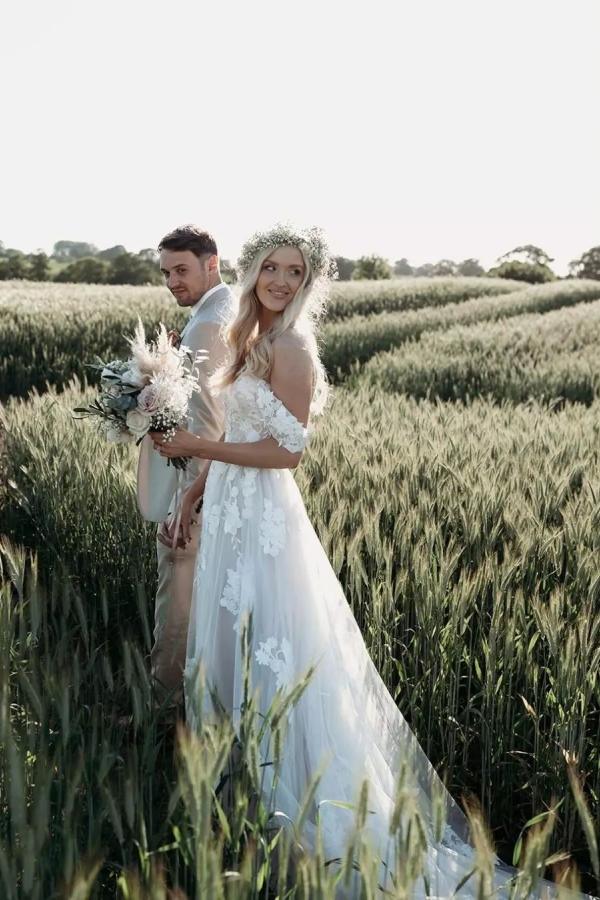 Bmbride Long A-line off the shoulder Tulle Floral Lace Wedding Dress
