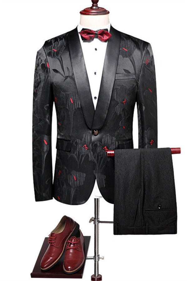 Koscy Fashion Black Jacquard Slim Fit Prom Suit for Men, 2 Pieces