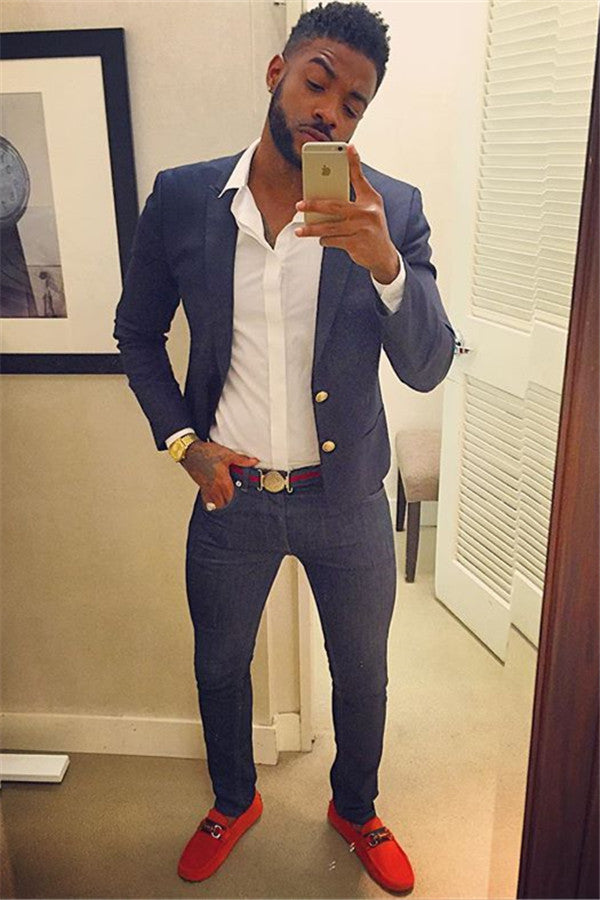 Koscy Navy Blue Party Prom Suit - Fashionable Two Buttons for Man, Peaked Lapel