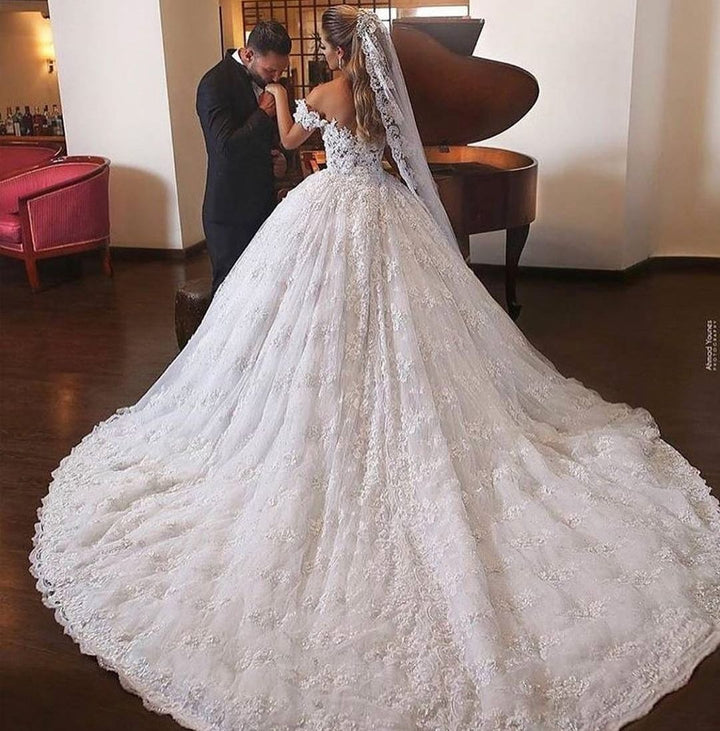 Bmbride Luxurious Long Ball Gown Off-the-shoulder Lace Wedding Dress with Cathedral Train