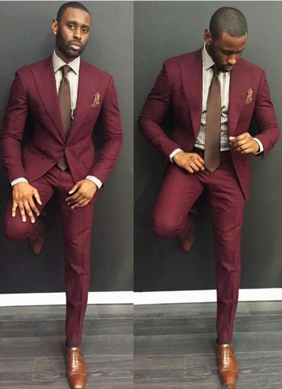 Koscy High Quality Burgundy Party Casual Prom Suit, 2 Pieces with Peaked Lapel