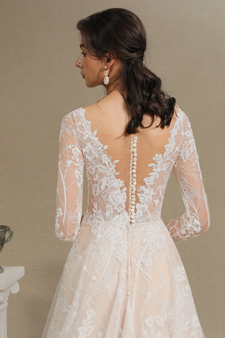 Bmbride Sheer Tulle Long Sleeve A-line Illusion Lace Wedding Dress - CPH230