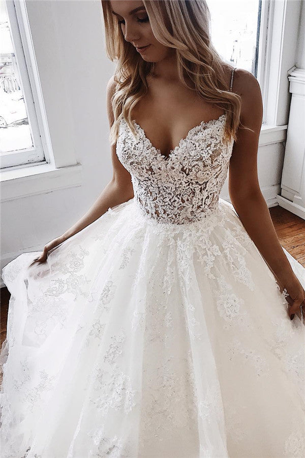 Bmbride Spaghetti-Straps Lace Appliques A-Line Wedding Dresses