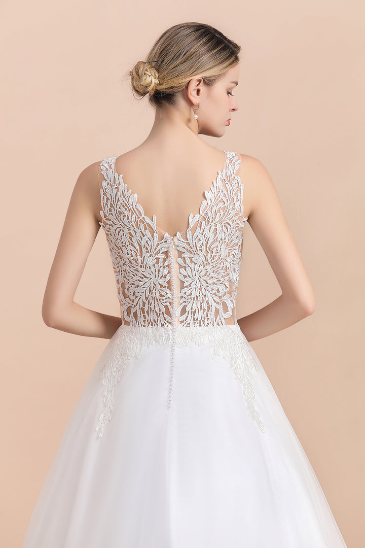 Bmbride Boho Wedding Dress with A-line Straps Tulle Appliques and V-Neck Lace