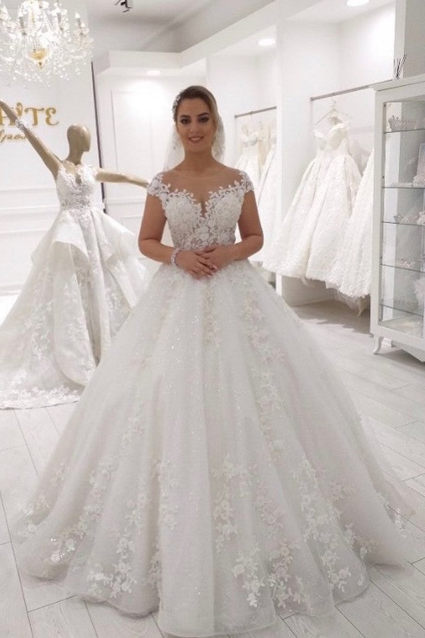 Bmbride A-Line Crew Appliques Lace Ruffles Tulle Floor-length Wedding Dress