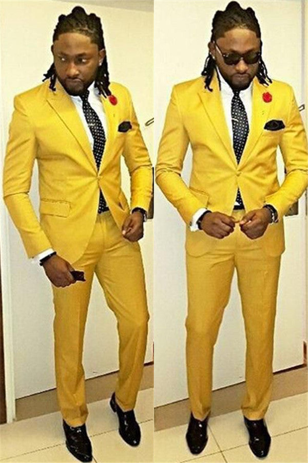 Koscy Yellow Casual Prom Outfits - Peaked Lapel One Button for Guys, Stylish