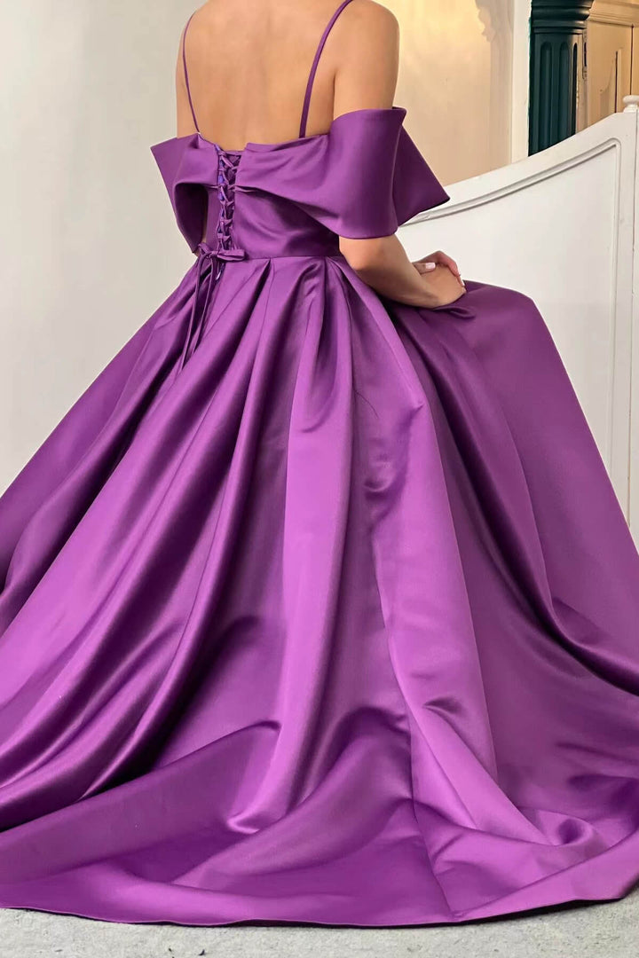 Purple Off-The-Shoulder A-Line Elegant Prom Dress With Pockets