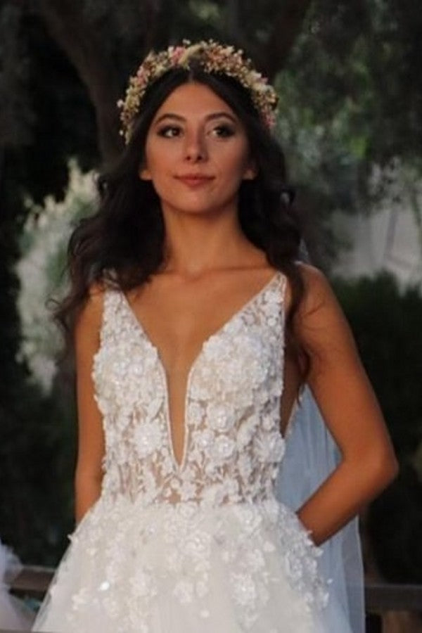 Bmbride Beautiful Long A-line V-neck Tulle Lace Wedding Dress with Appliques