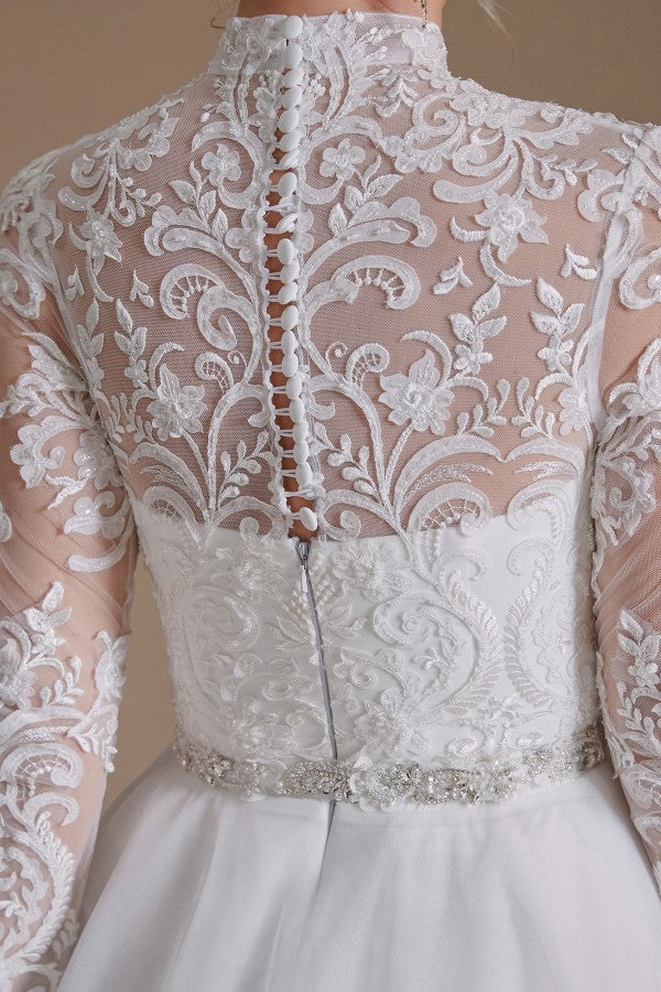 Bmbride A-line High Neck Long Sleeves Tulle Lace Wedding Dress