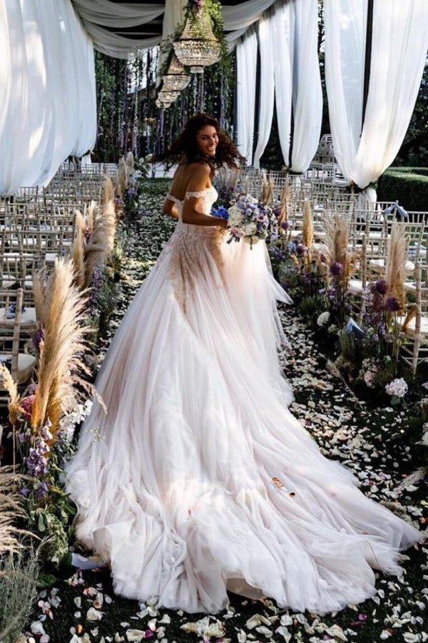 Bmbride Vintage Long A-line Off-the-shoulder Lace Tulle Wedding Dress
