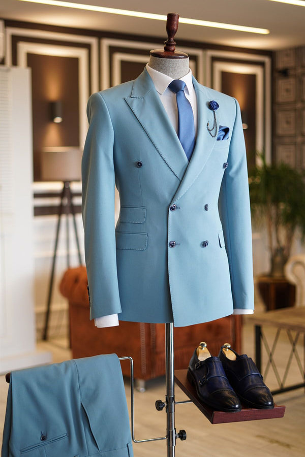 Koscy Stylish Sky Blue Double-Breasted Groom Suit with Peaked Lapel