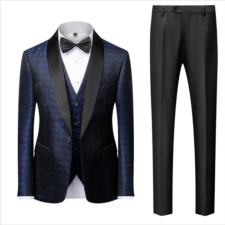 Koscy Gentle Dark Navy Blue Floral Jacquard One-Button Wedding Suit