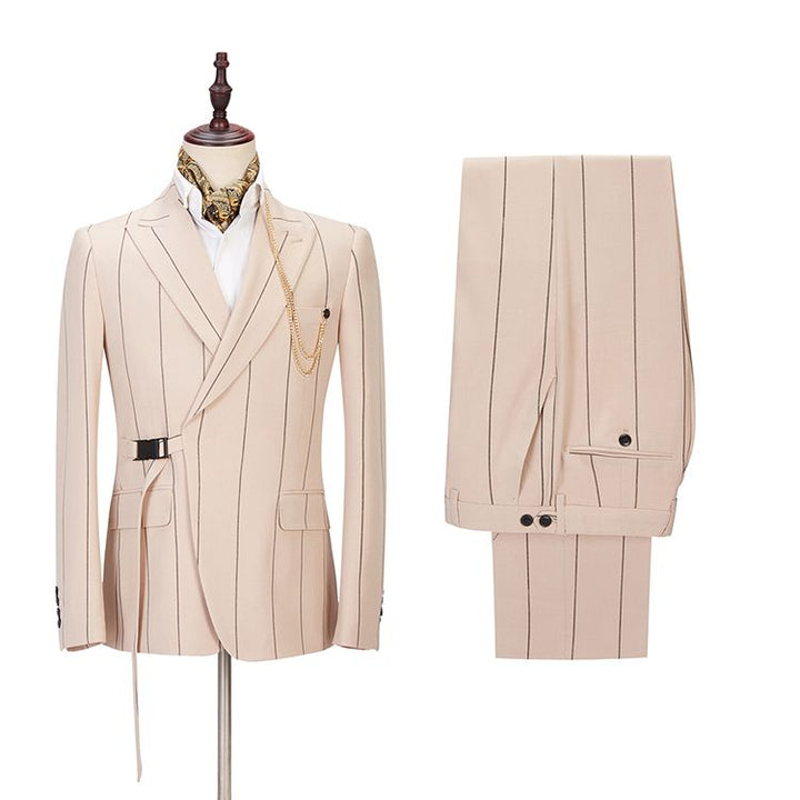 Koscy Modern Light Champagne Striped Prom Suit with Peaked Lapel