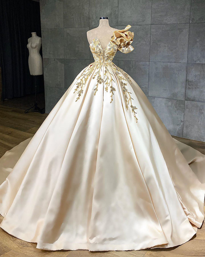 Bmbride A-Line Sweetheart Crystal Satin Ruffles Floor-length Wedding Dress
