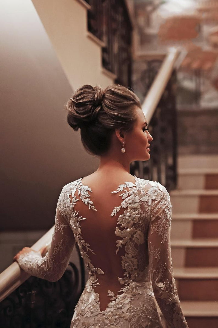 Bmbride Long Sleeve High Neck Appliques Lace Backless Mermaid Wedding Dress