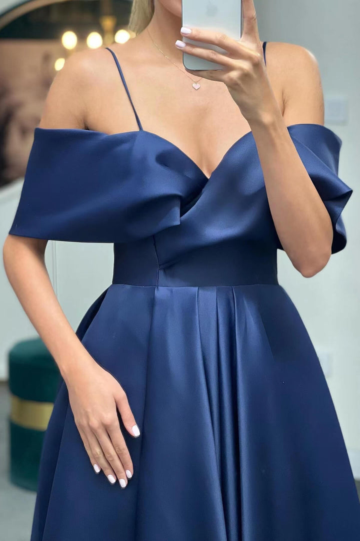 Off-the-Shoulder A-Line Lace-Up Back Long Evening Dress with Spaghetti Straps
