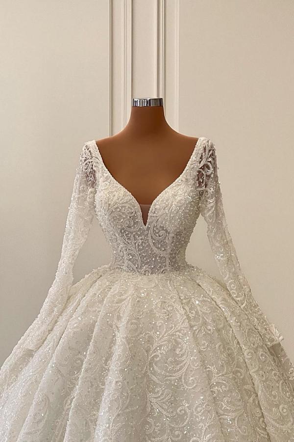 Bmbride V-neck Long Sleeves Floor Length Chapel Lace Wedding Dress