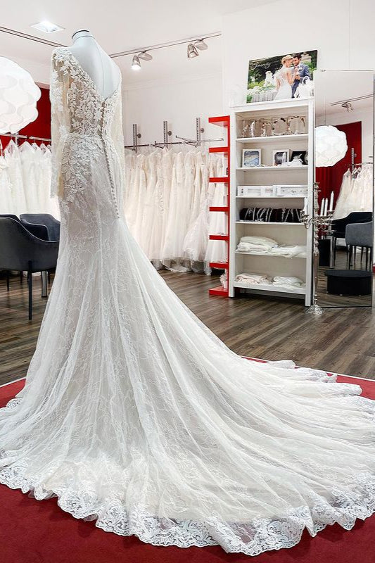 Bmbride Modest Long Mermaid Sweetheart Tulle Lace Wedding Dress with Sleeves
