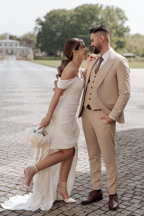 Bmbride Elegant Mermaid Off-the-Shoulder Satin Wedding Dress with Slit
