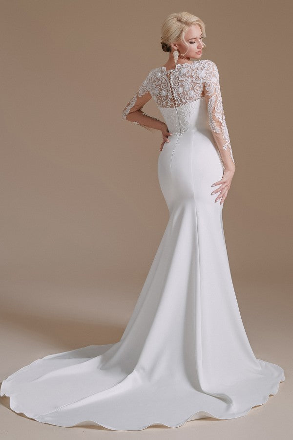 Bmbride Long Elegant Mermaid Wedding Dress with Jewel Satin Lace Sleeves