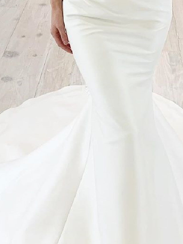 Bmbride Off Shoulder Mermaid Trumpet Wedding Dress with Sweep/Brush Train in Chiffon Over Satin and Short Sleeves